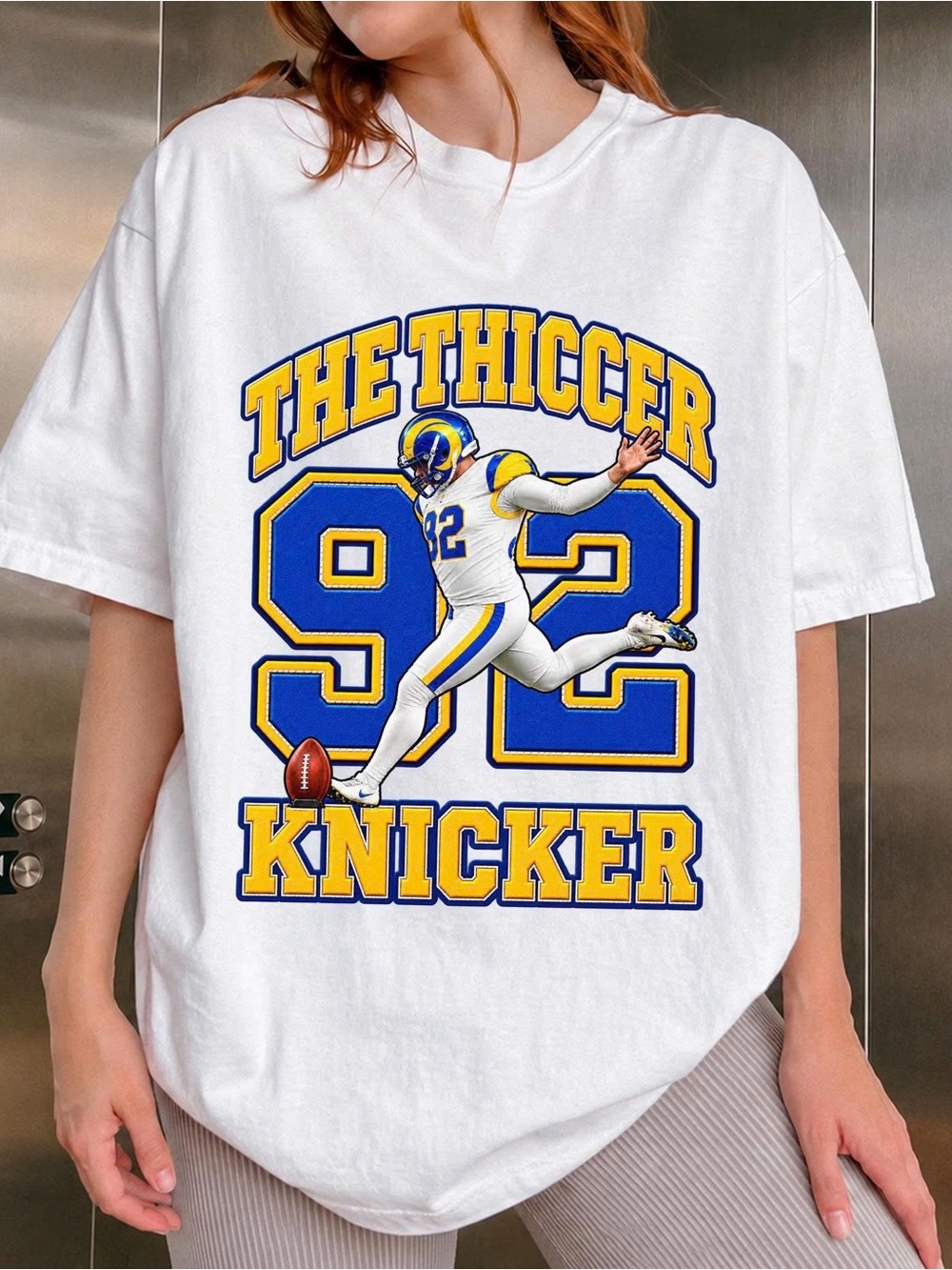 White Short Sleeve Tee with Blue & Yellow Football Graphic
